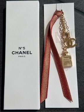 New CHANEL Novelty Gold CC & Perfume Bottle Charm with Red Ribbon